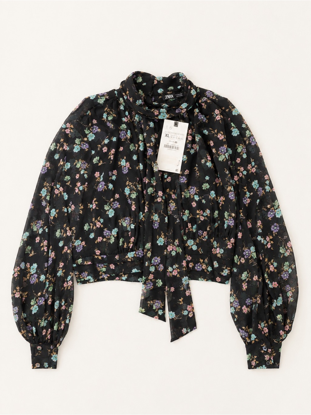 Zara Black Floral Tie-Neck Blouse with Pastel Blooms